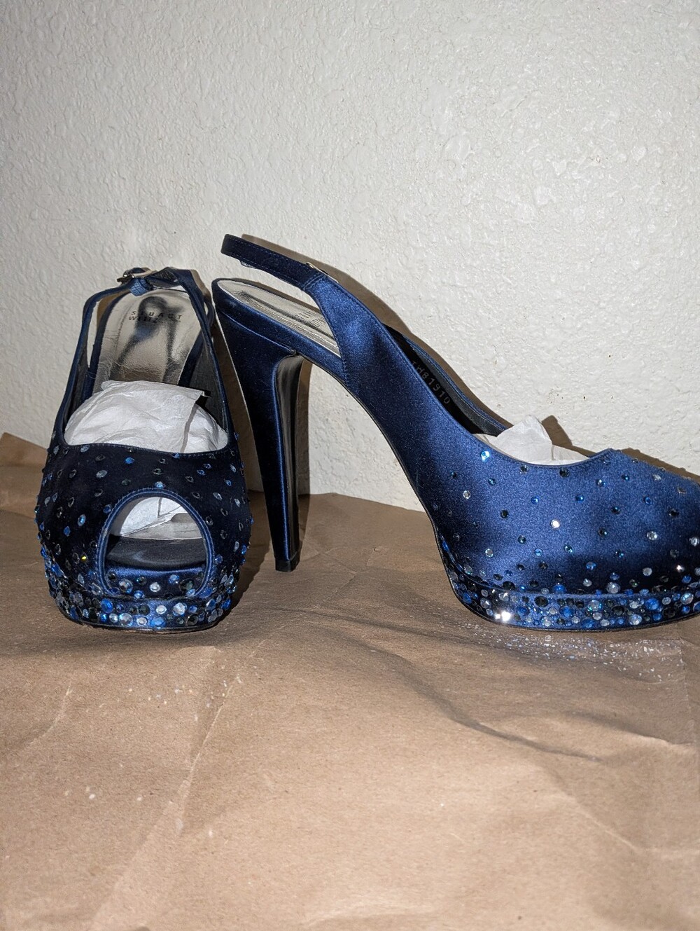 Stuart Weitzman Jeweled Open Toe Platform Heel Navy Blue Satin W/ Side Buckle